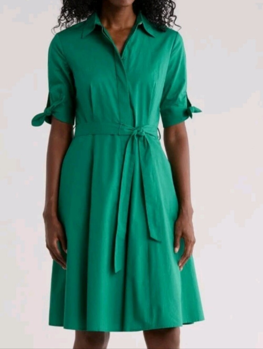 Calvin Klein Size 4 Green Solid Cotton Shoulder Tie Shirt Dress Msrp $149